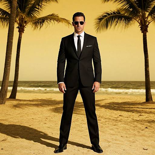 Photograph of a man in a black suit, white shirt, and black tie, wearing sunglasses, standing on a golden sandy beach with palm trees and