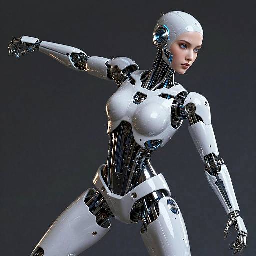 CGI image of a sleek, white and black humanoid robot with blue glowing accents, feminine physique, and a confident pose against a dark background.