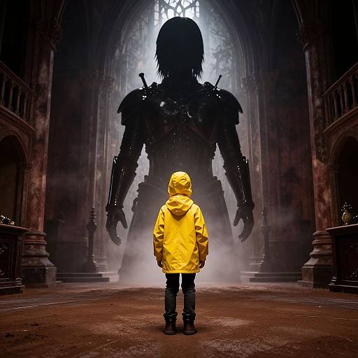 Photograph of a yellow raincoat-clad figure facing a towering, dark, mechanical creature in a foggy, gothic cathedral.