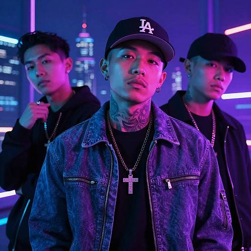 Photograph of three tattooed Asian men in black hoodies and denim jackets, wearing baseball caps, necklaces, and pierced ears, standing in a