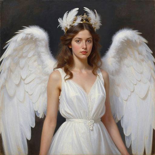 Digital painting of a young woman with long brown hair, white feathered wings, and a crown, wearing a white, sleeveless, V-neck dress