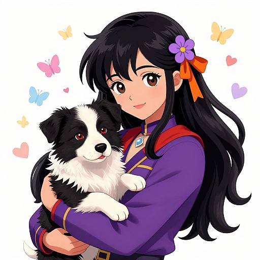 Anime-style illustration of a smiling girl with long black hair, purple flower, and orange ribbon, hugging a black-and-white puppy. Butterflies and