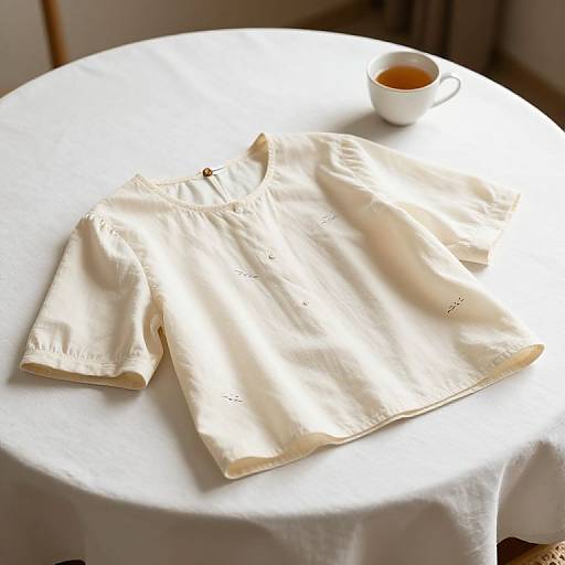Photograph of a cream-colored, short-sleeved, buttoned dress on a white tablecloth-covered round table, with a small white cup of