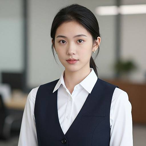 Photograph of an Asian woman with straight black hair in a ponytail, wearing a white shirt and black vest, standing in a bright office with blurred