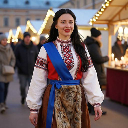 Photograph of a fair-skinned woman with long black hair, wearing traditional Eastern European folk attire with red, white, and blue embroidery, and a