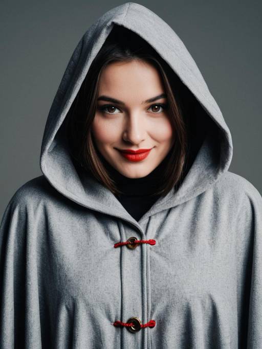 Woman in Grey Hooded Cloak with Red Lips