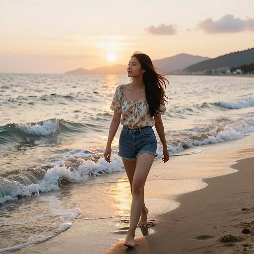Serene Sunset Beach Walk for Young Woman
