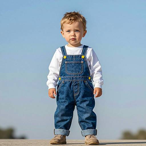 Toddler Boy in Denim Overalls Standing Outdoors