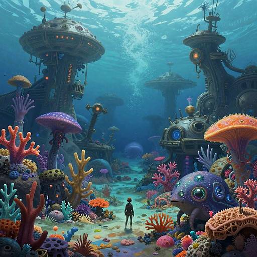 Digital art: Underwater futuristic city with colorful corals, alien-like structures, and a lone figure standing amidst vibrant marine life.