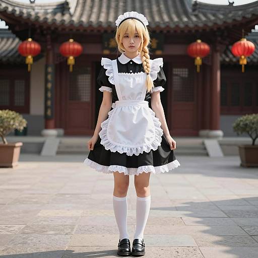 Young Woman in Traditional French Maid Outfit Outdoors