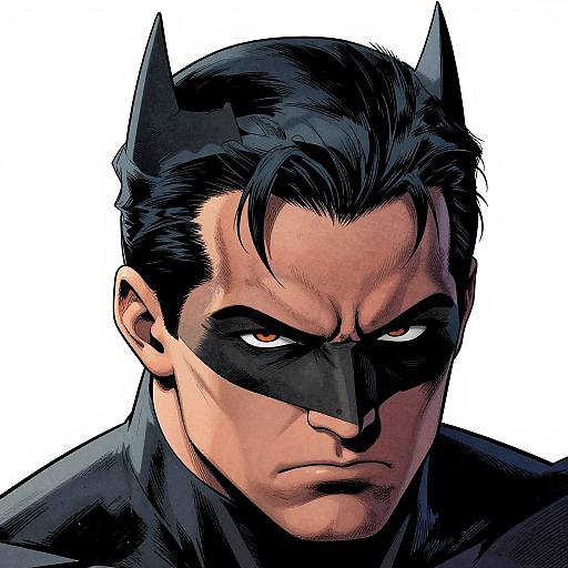 Digital drawing of Batman, featuring a stern expression, black mask, pointed ears, and dark hair, with a white background.