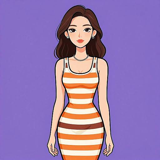 Digital illustration of an attractive Asian woman with long brown hair, wearing a sleeveless orange and white striped dress, purple background.