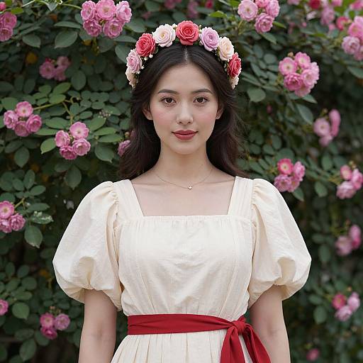 Young woman with fair skin, dark hair, and red lips, wearing a white dress with puffed sleeves and red sash, crowned with pink and
