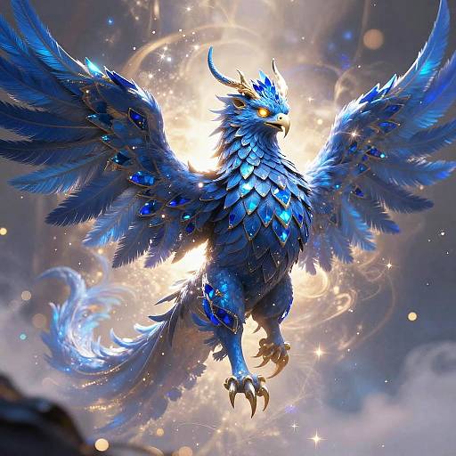 Digital artwork of a majestic blue, feathered mythical bird with glowing eyes, large wings, and sharp claws, surrounded by sparkling light and ethereal clouds