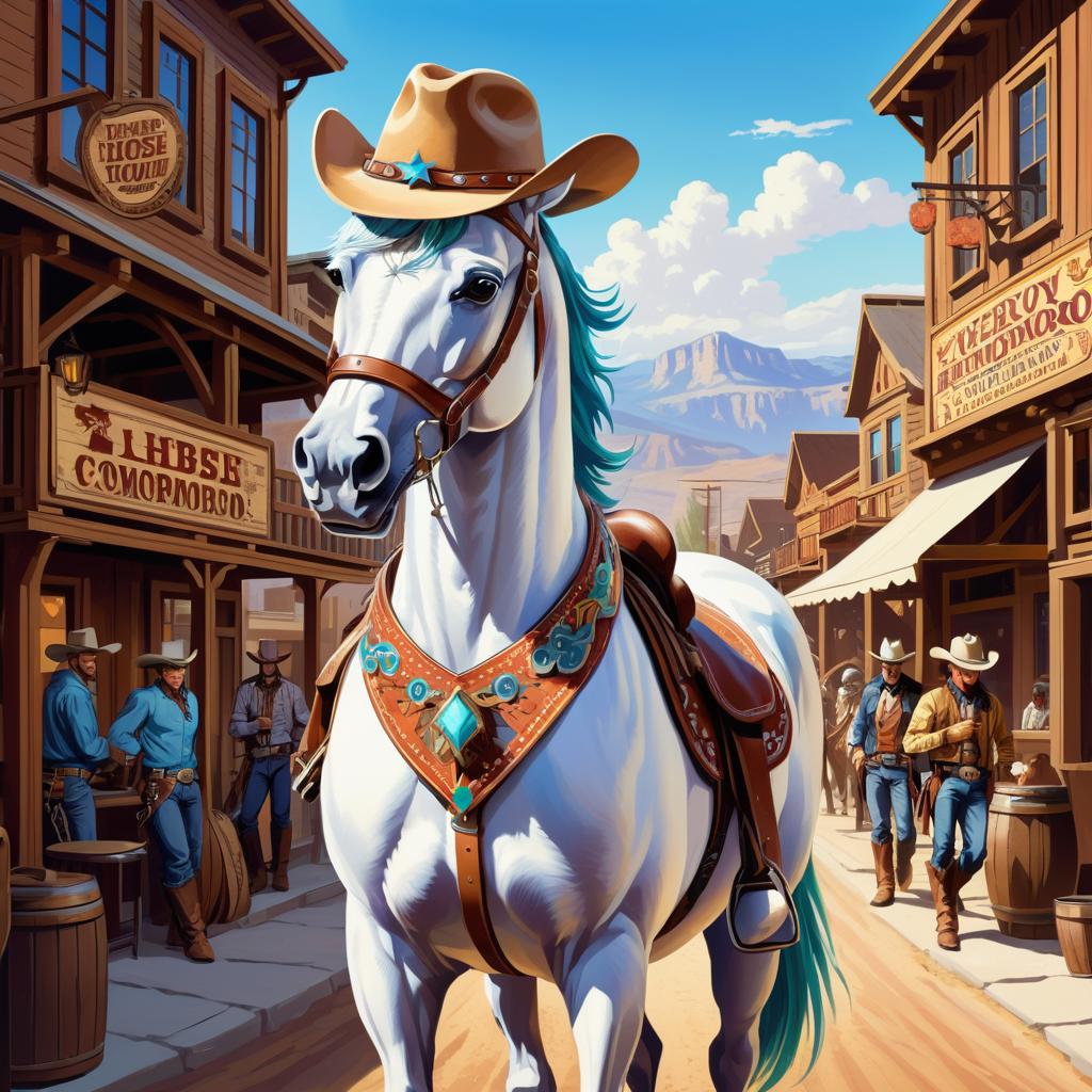 Vibrant Cowboy Horse in Western Town