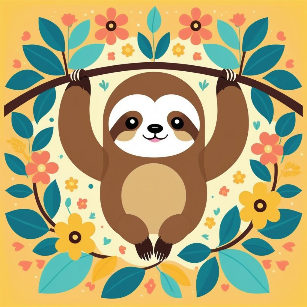 Adorable Sloth with Floral Mosaic Design