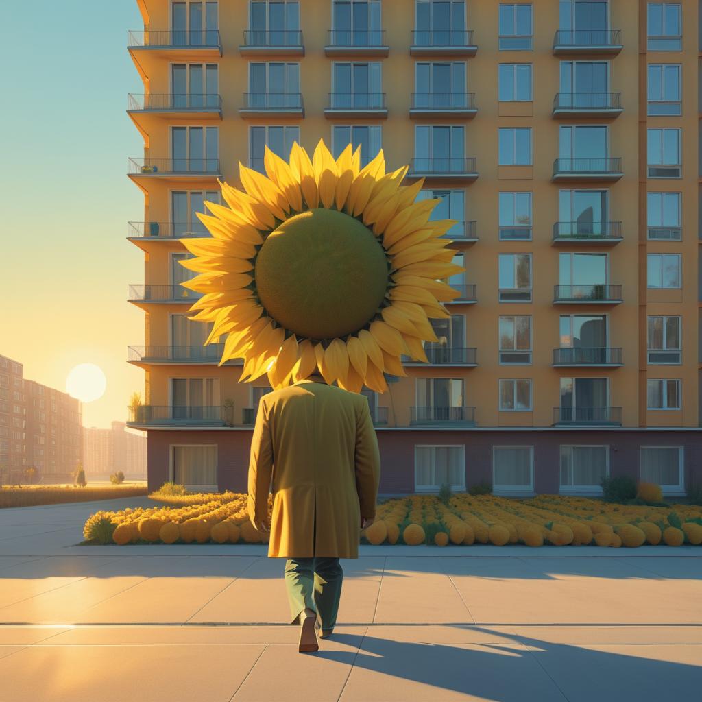 Surreal Man with Sunflower Head Walking