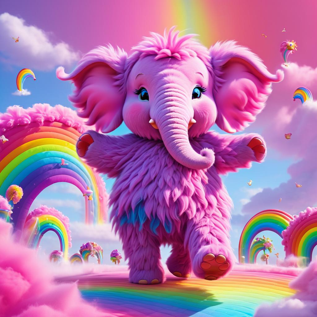 Whimsical Pink Elephant Dancing on Rainbows