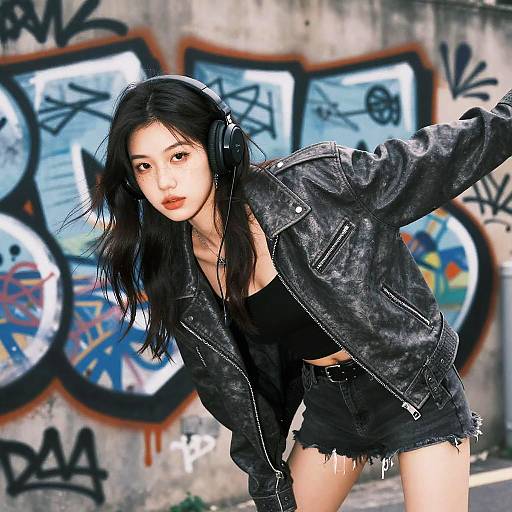 Photograph of an Asian woman with black hair, wearing a leather jacket, black crop top, and shorts, bending forward against a graffiti-covered concrete wall