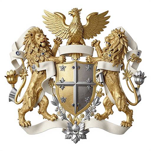 Golden lion and eagle crest with a silver shield, white ribbon, and floral accents, featuring blue star motifs. Digital illustration.