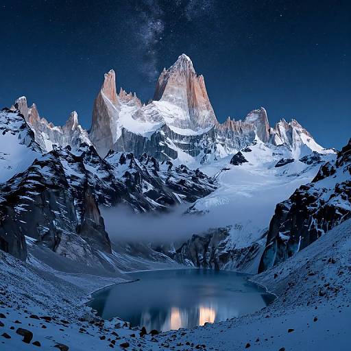 Photograph of a snow-covered mountain range with jagged peaks under a starry night sky, reflecting in a calm, icy lake below.