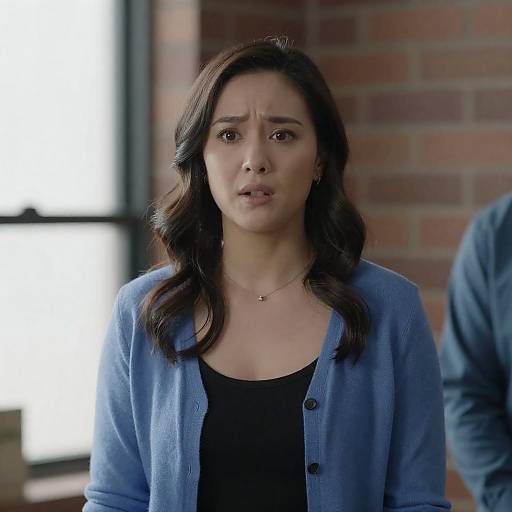 Surprised Woman in Blue Cardigan Indoors