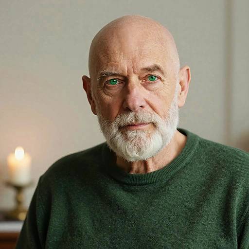 Photograph of an elderly bald man with a white beard, green eyes, wearing a dark green sweater, standing in a softly lit room with a blurred