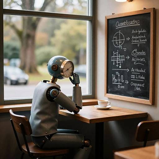 Photograph of a blue robotic figure in a gray sweater, sitting at a wooden table in a café, facing a chalkboard with equations, by a