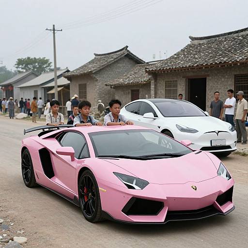 Photograph of a vibrant pink Lamborghini in front of a white Lamborghini, parked on a rural street with traditional buildings and curious onlookers.