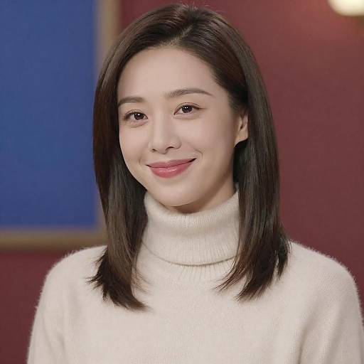 Smiling woman in cream turtleneck sweater