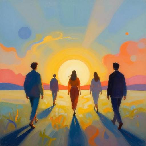 Digital painting of five silhouetted people walking towards a vibrant, colorful sunset over a field, with long shadows and warm, bright hues.