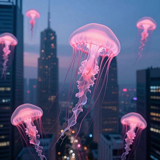 Pink Jellyfish Among Twilight Skyscrapers