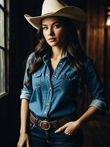Young Woman in Cowboy Hat and Denim Shirt
