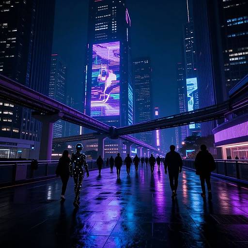 Neon-lit, futuristic cityscape photograph of a busy pedestrian bridge at night, with silhouetted people, vibrant purple and blue lights reflecting