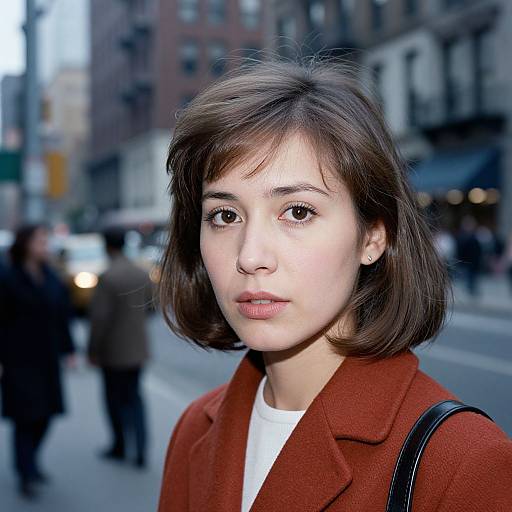 Photograph of a young Asian woman with short brown hair, wearing a red coat and white shirt, standing on a busy urban street with blurred pedestrians and