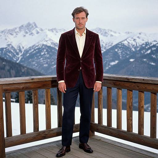 Photograph of a man with short brown hair, wearing a dark velvet blazer, white shirt, black pants, and brown shoes, standing on a