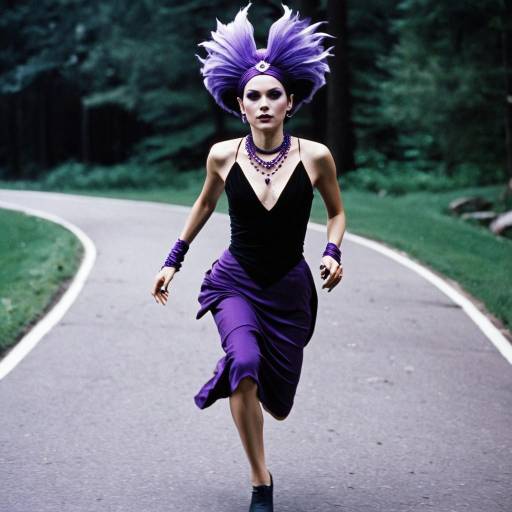 Woman Running in Purple Dress and Hair