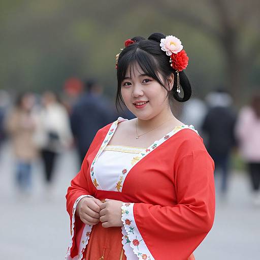 Photograph of a smiling Asian woman with black hair in a bun, wearing a red floral kimono, white floral blouse, and red-white hairpins