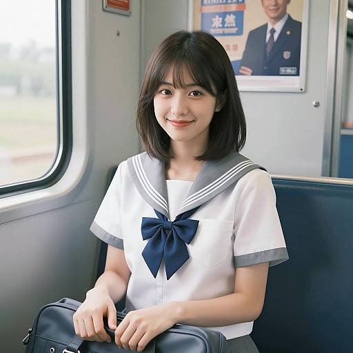 Smiling Asian Woman in Sailor Uniform