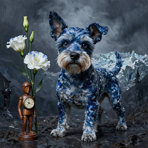 Photograph of a blue and white speckled terrier puppy with water splashes on its fur, standing beside a wooden clock figurine with white