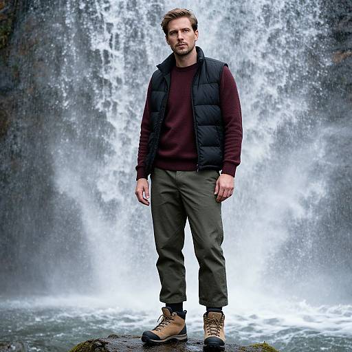 Photograph of a serious, bearded man in a maroon sweater, black vest, olive pants, and tan boots, standing in front of a