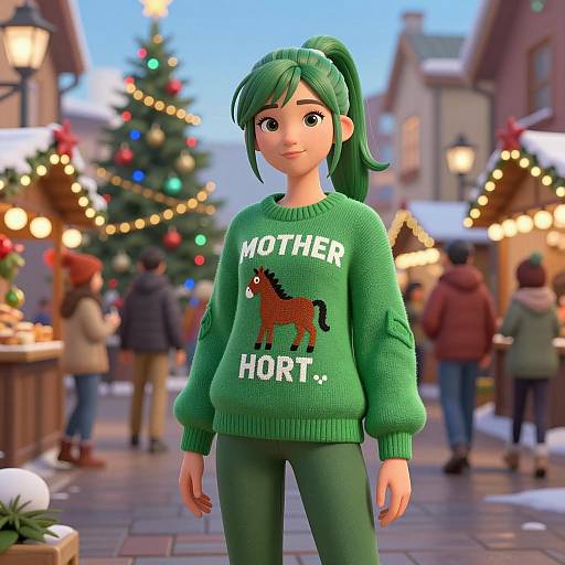 Anime Woman in Green Sweater at Festive Christmas Market