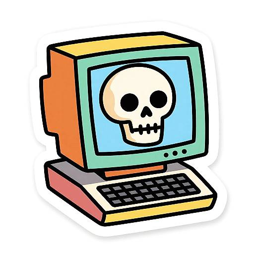 Cartoon-style digital illustration of an old-fashioned computer with a skull on the screen, colorful blocky design, and a black keyboard.