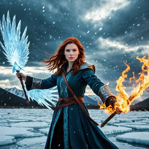 Mage Casting Fire and Ice Spells in Snowy Landscape