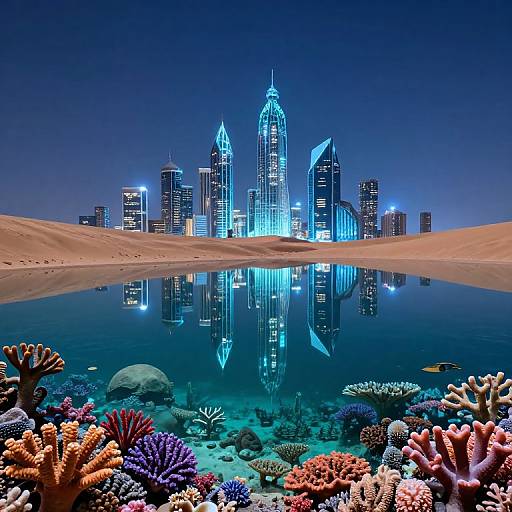 Photorealistic digital art: Vibrant coral reef in the foreground, reflecting a glowing blue skyscraper city skyline at night, over a calm, reflective