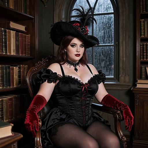 Gothic-style photograph of a pale woman with red lipstick, black lace dress, red gloves, and feathered hat, seated in a dimly