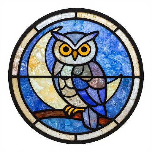 Stylish stained glass art of a blue and gray owl with yellow eyes, perched on a branch, set against a moonlit blue sky.