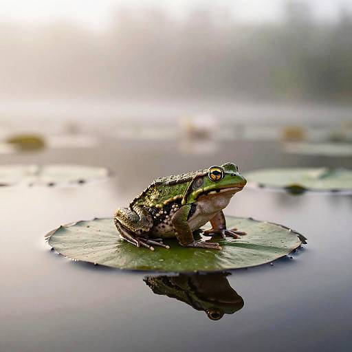 Photograph of a green frog with water droplets, sitting on a lily pad, reflecting in calm water, with a blurred, sunlit background