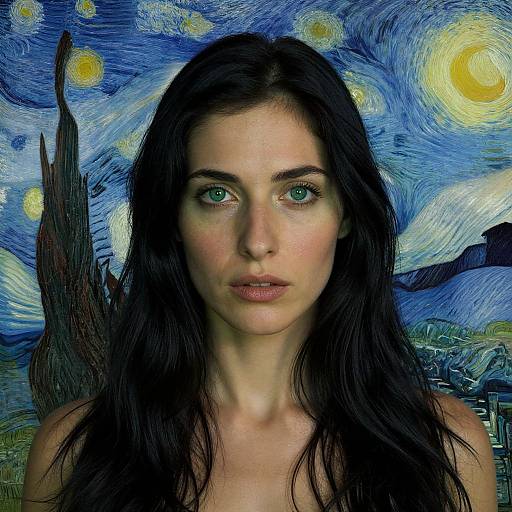 Digital artwork: Pale-skinned woman with green eyes and long black hair against a 