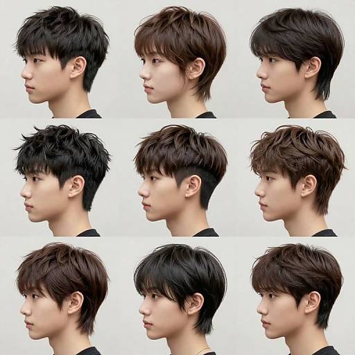 Photograph of a young Asian man with short, dark brown hair in twelve side profiles, showing various hair textures and styles against a white background.